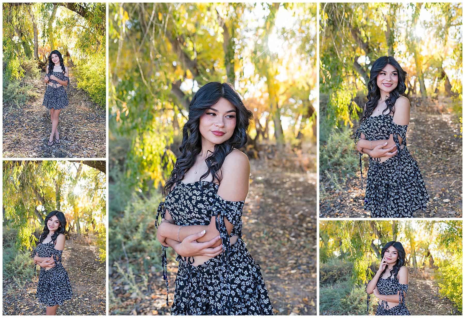 girl taking fall senior pictures with the changing Cottonwood Trees in Santa Fe New Mexico