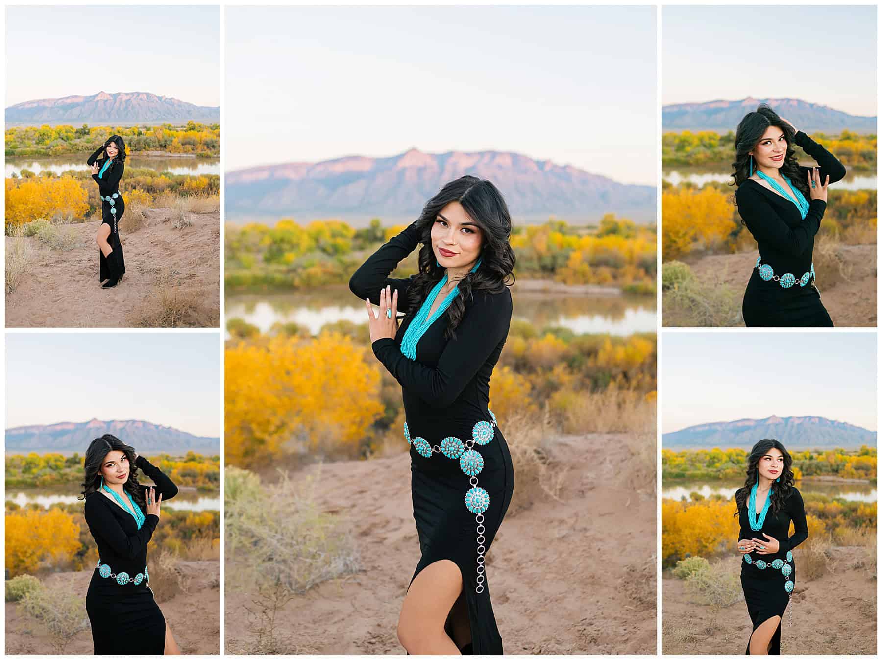 Girl in front of the Sandia Mountains in a black dress with turquoise jewelry at her Albuquerque New Mexico Senior Photography session 