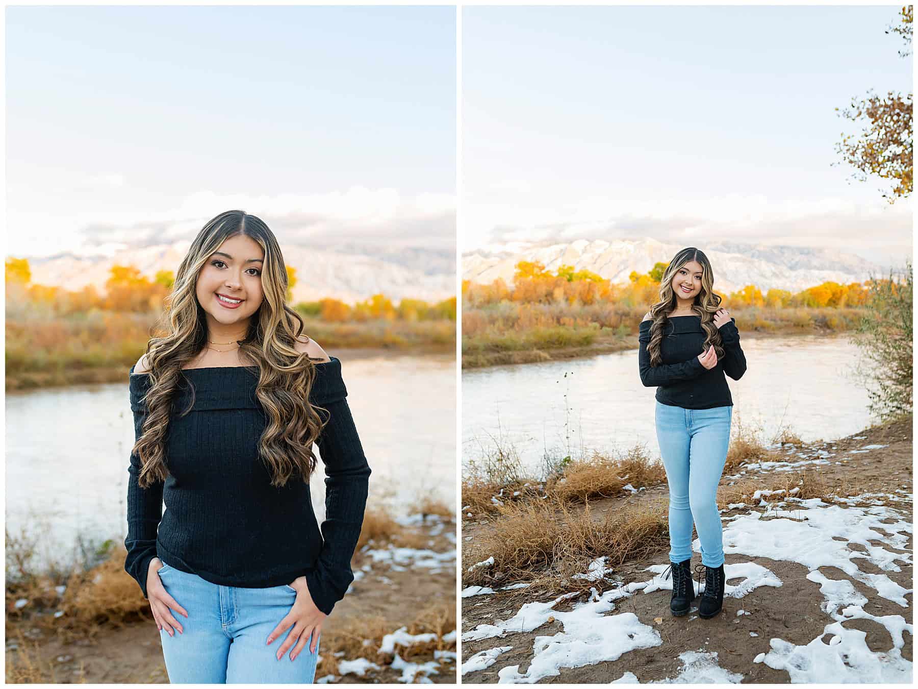 Girl in a cozy fall outfit at her Senior Portraits Along the Bosque.