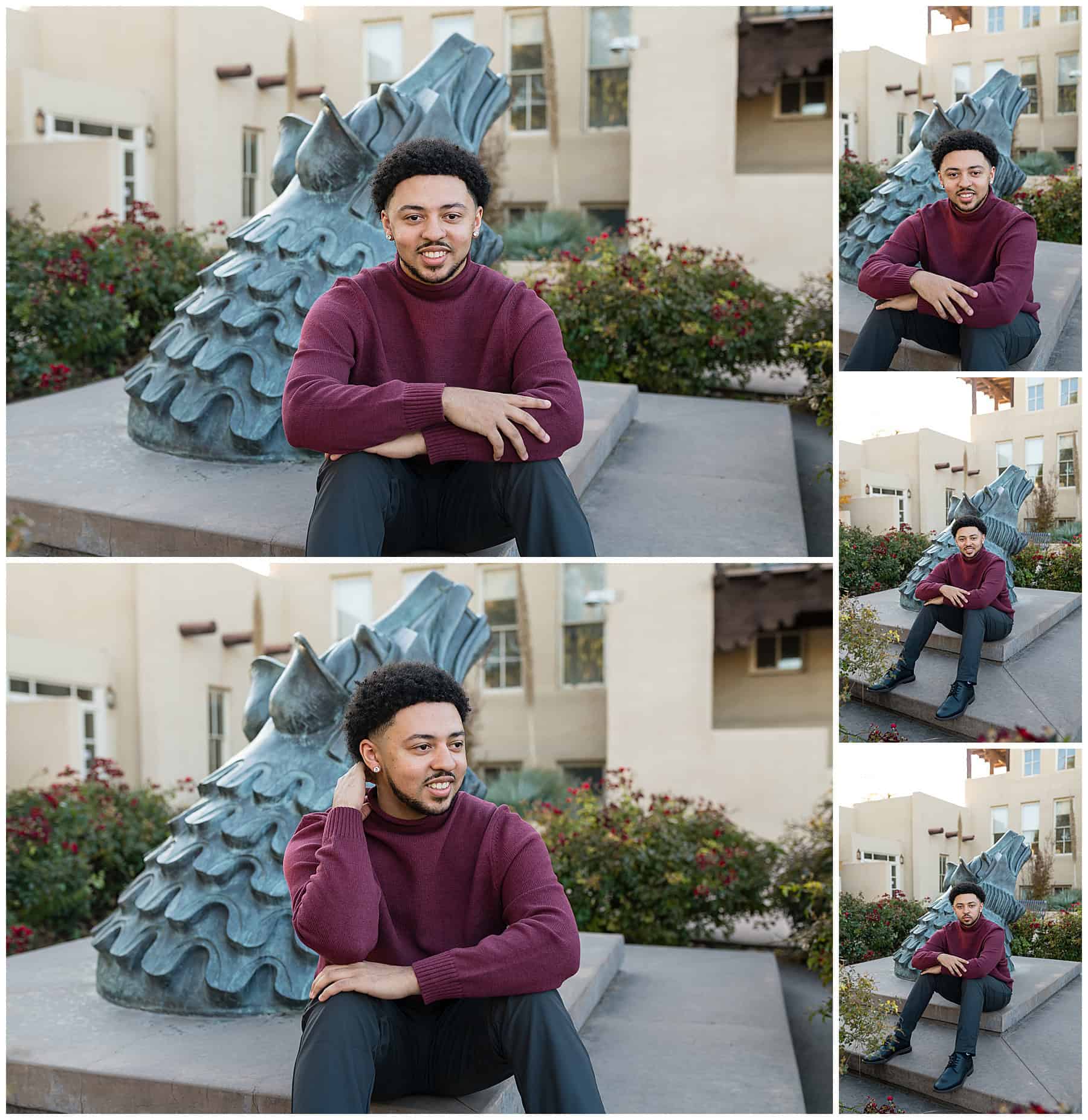 Guy taking senior photos in front of a Lobo statue at the University of New Mexico in Albuquerque, New Mexico. 