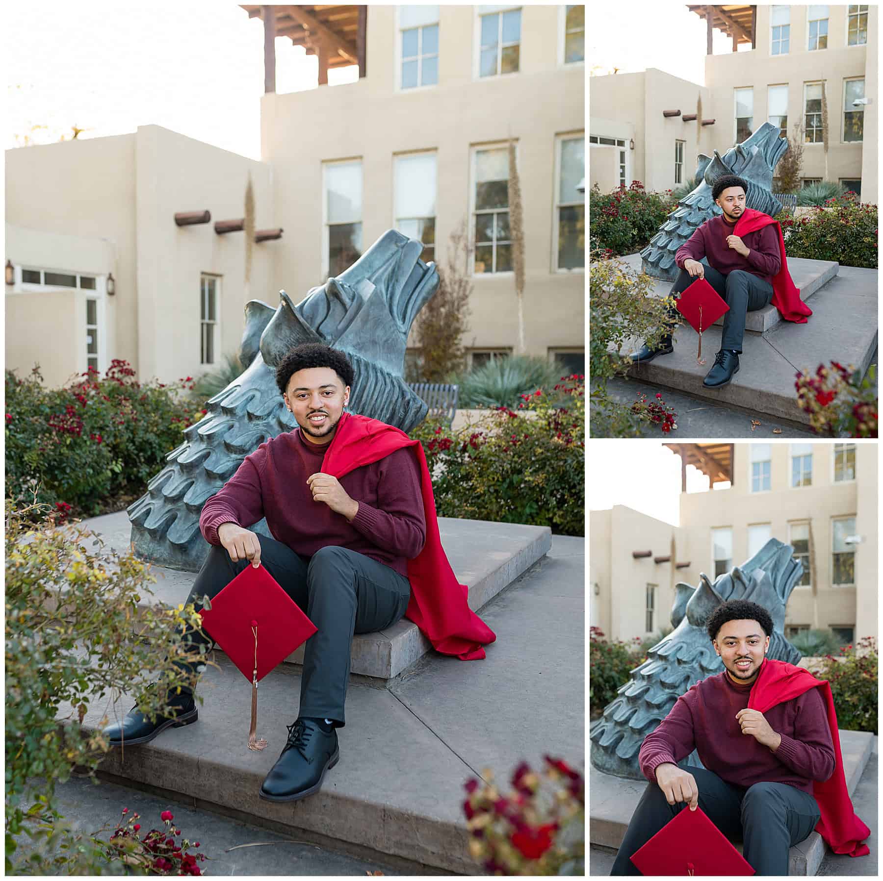 Guy in his cap and gown at his Senior Portrait session in Albuquerque, NM.