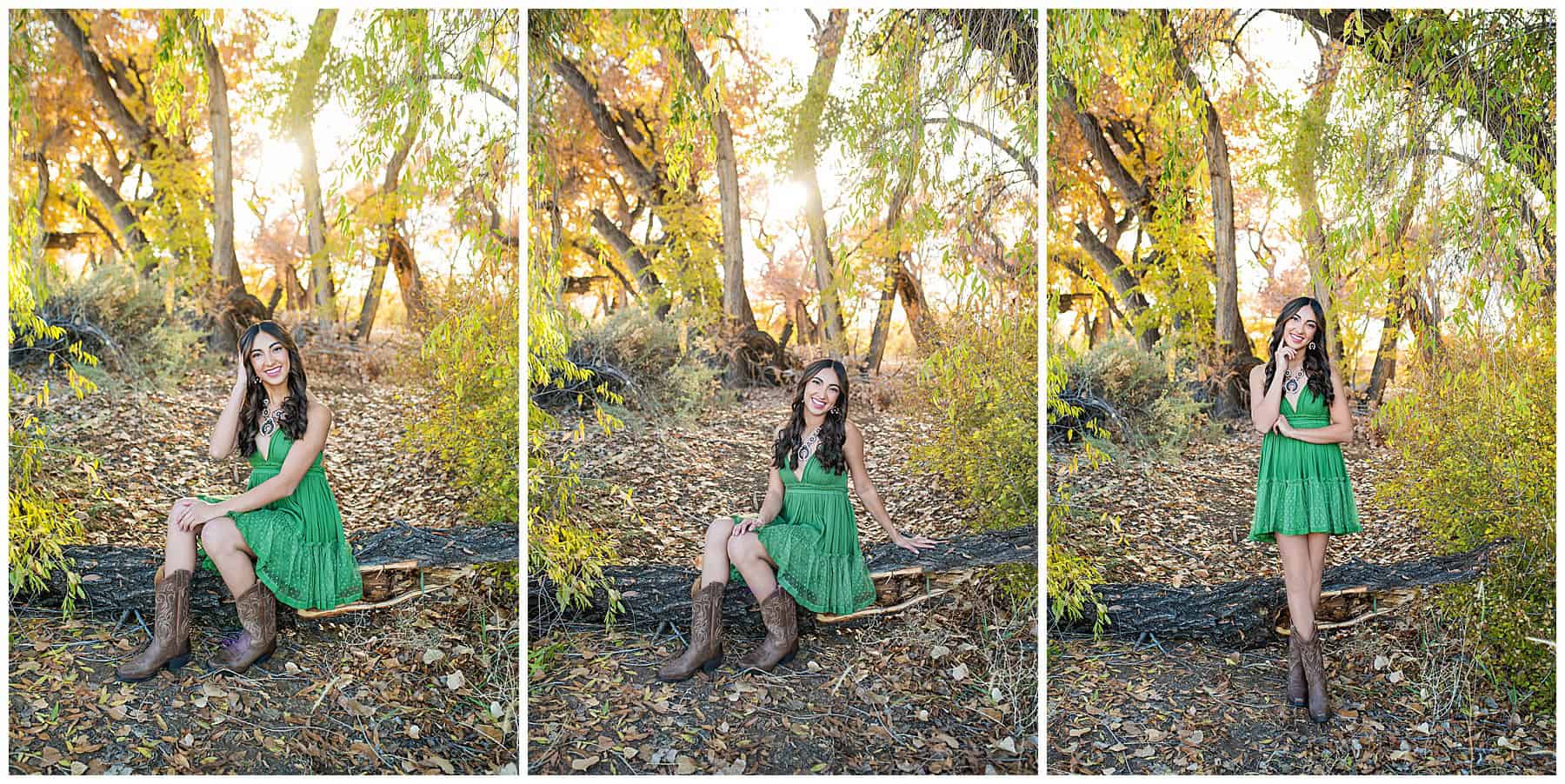 Girl in a green dress at her Fall Senior pictures in Albuquerque, New Mexico 
