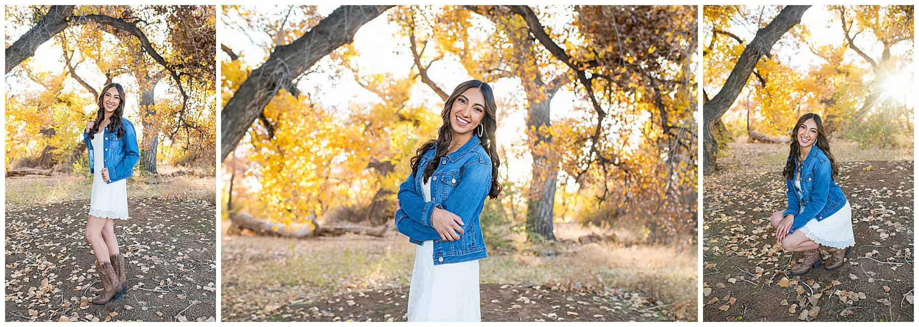 Girl in white dress and denim jacket at her fall senior pictures in Albuquerque, New Mexico