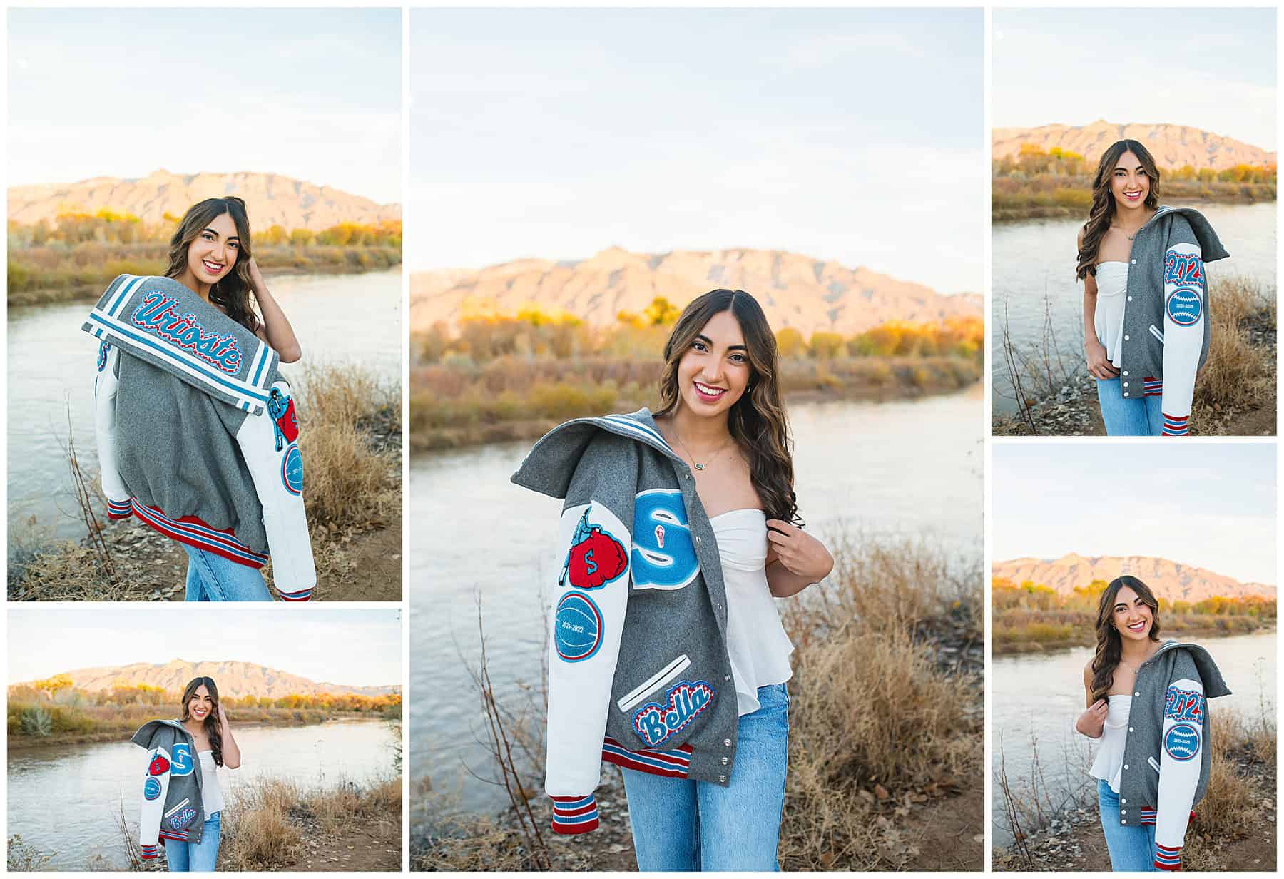 Girl taking her senior pictures in front of the Rio Grand River in Albuquerque, New Mexico