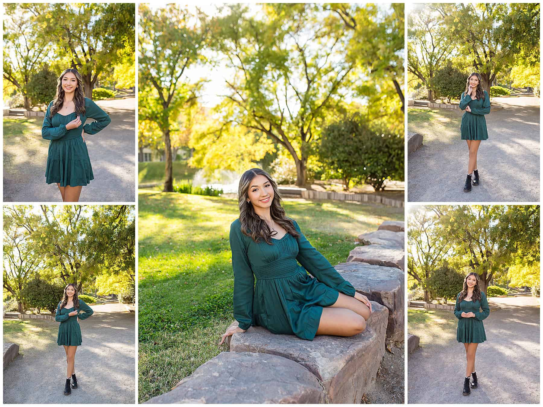 Girl in green dress at UNM during her Senior Photos in Albuquerque, NM. 