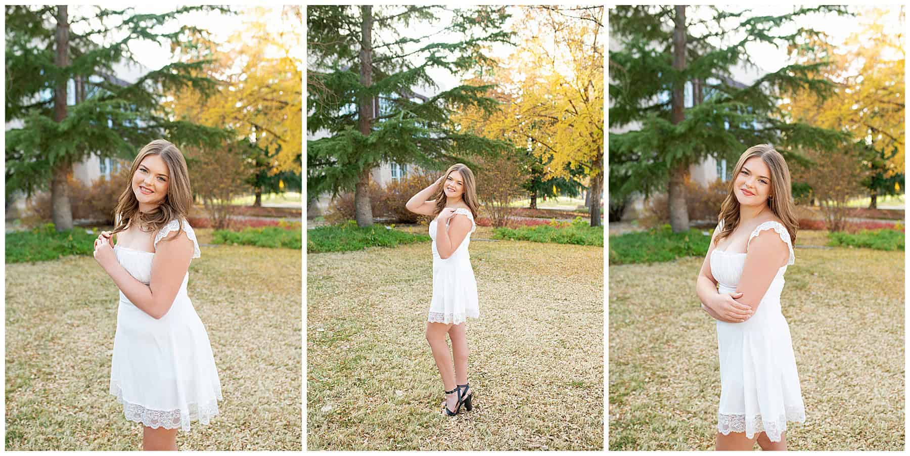 Girl in white dress at her senior portrait session with High School Senior Photographer in Albuquerque, New Mexico. 