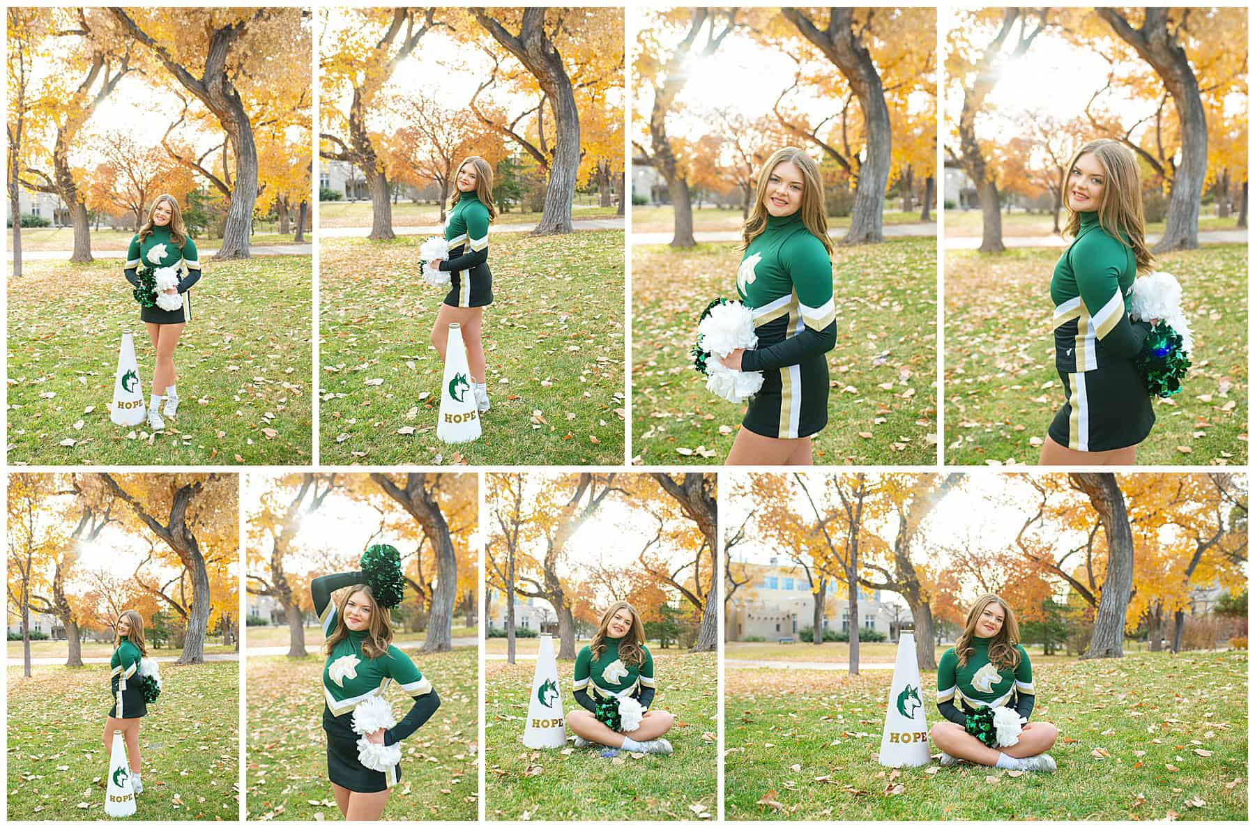 Hope Christian High School Senior taking her senior Portraits in her Cheer Uniform at her senior portraits in Albuquerque, New Mexico. 