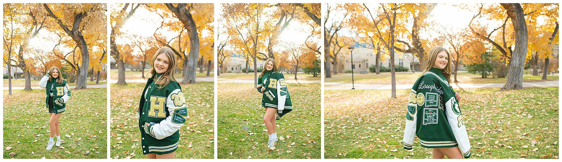 Hope Christian High School Senior wearing her letterman during her senior pictures in Albuquerque, Rio Rancho, New Mexico Senior Portrait session. 