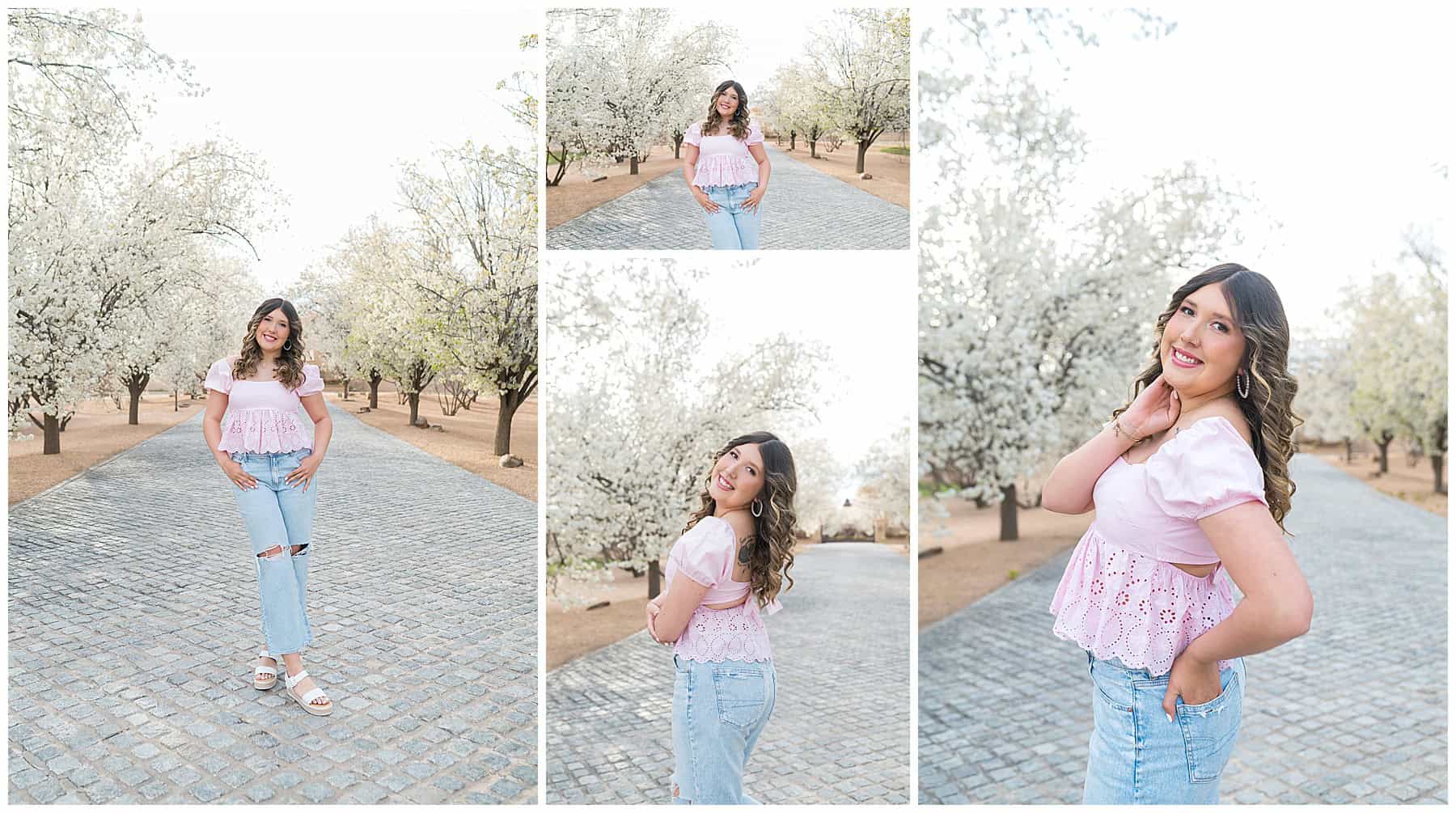 Spring senior photo session with soft colors and white blossoms near Albuquerque, New Mexico