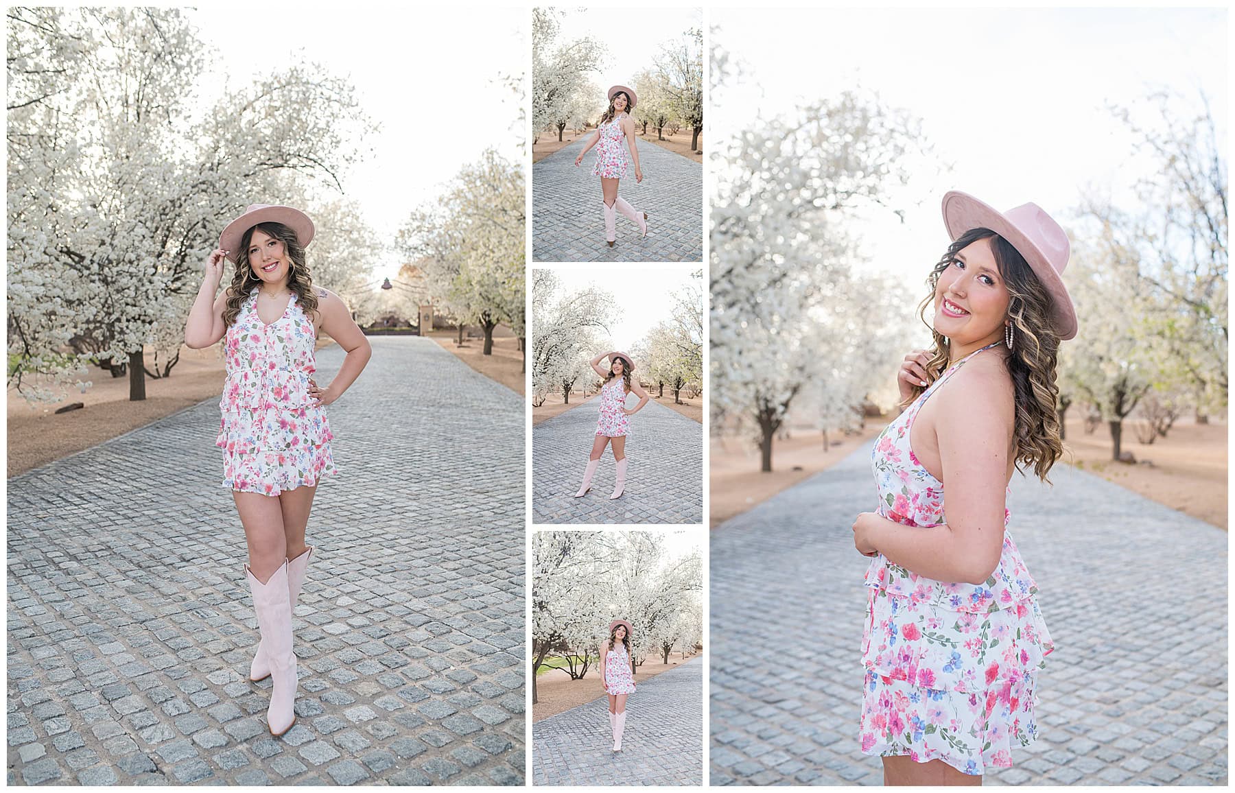 Beautiful senior portraits on cobblestone street with blooming trees and flowy dress movement