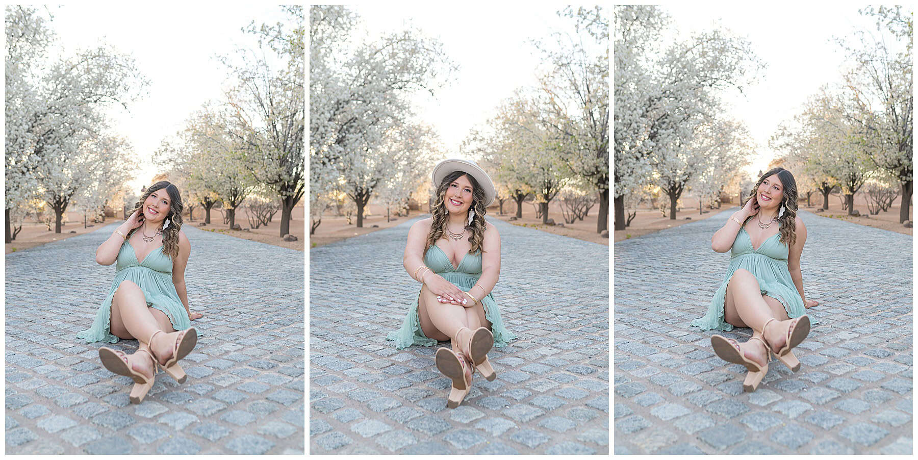 Spring outfit inspiration for senior photos: flowy sage green dress and soft tones for outdoor session