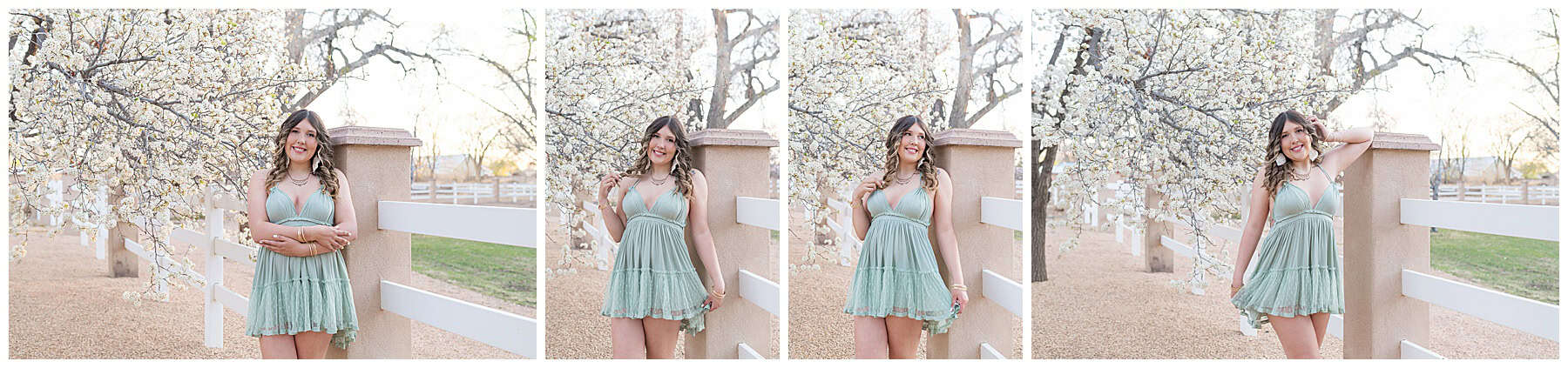 New Mexico senior photographer captures dreamy spring session with picket fence and pastel wardrobe