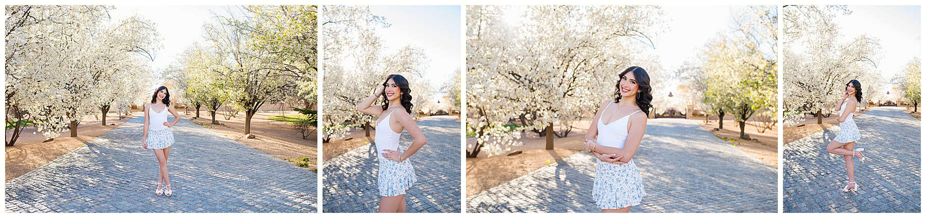 Smiling high school senior enjoying outdoor photo session in Albuquerque during spring bloom