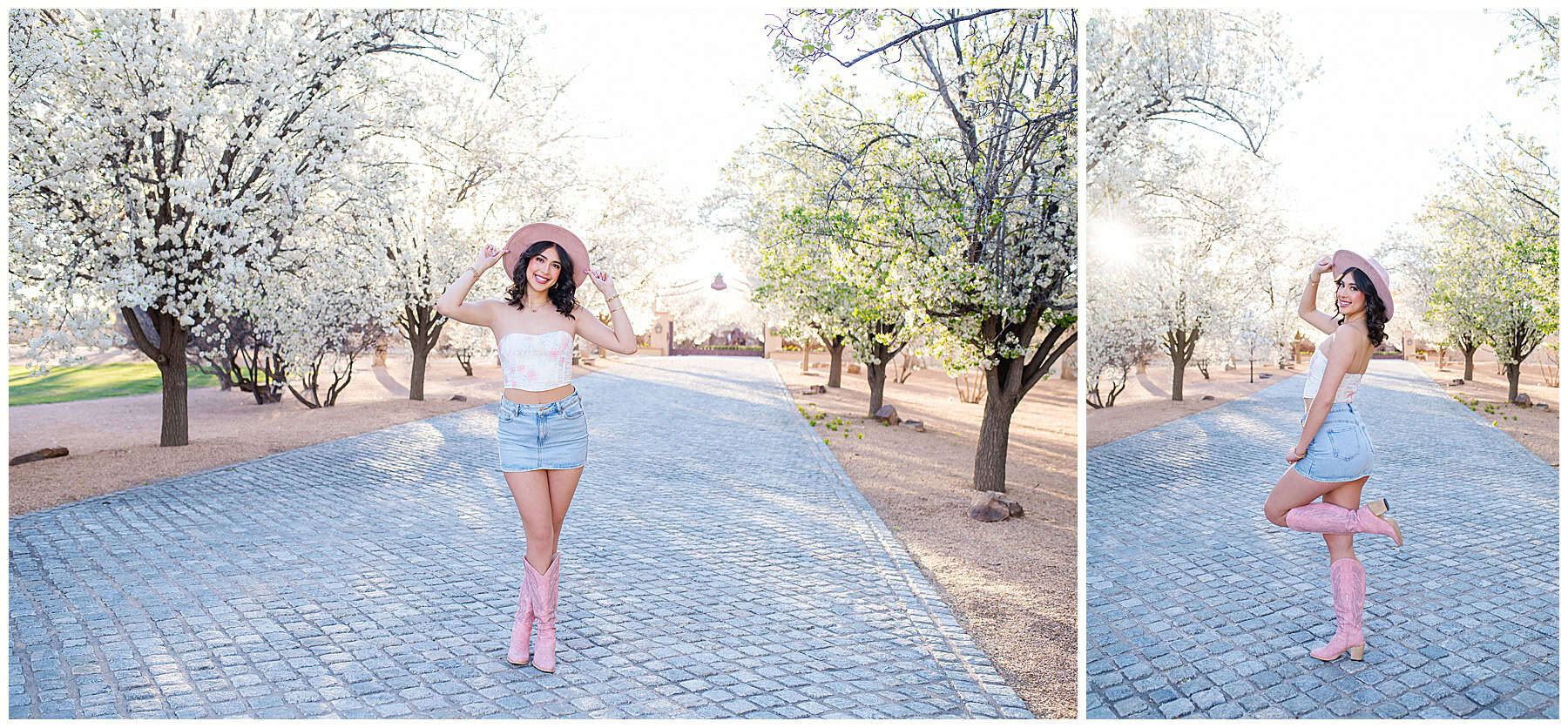 Natural light senior session during springtime with glowy light and soft colors