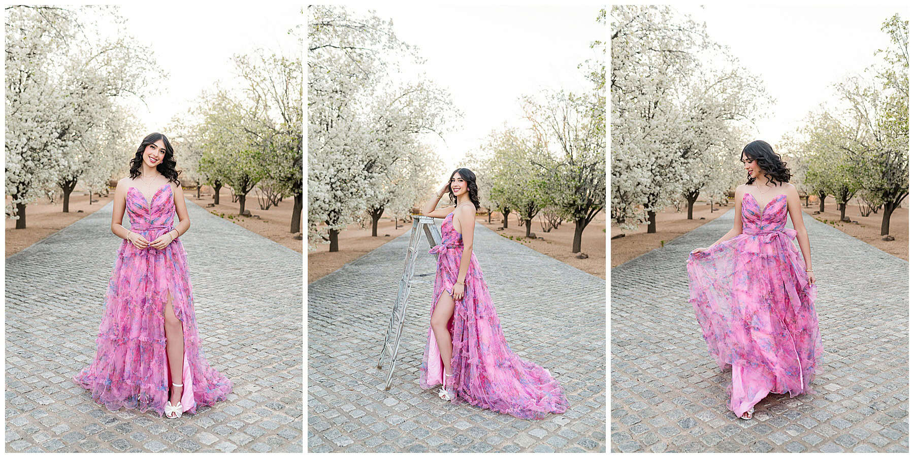 High school senior girl posing in a flowy dress during spring photo session in New Mexico