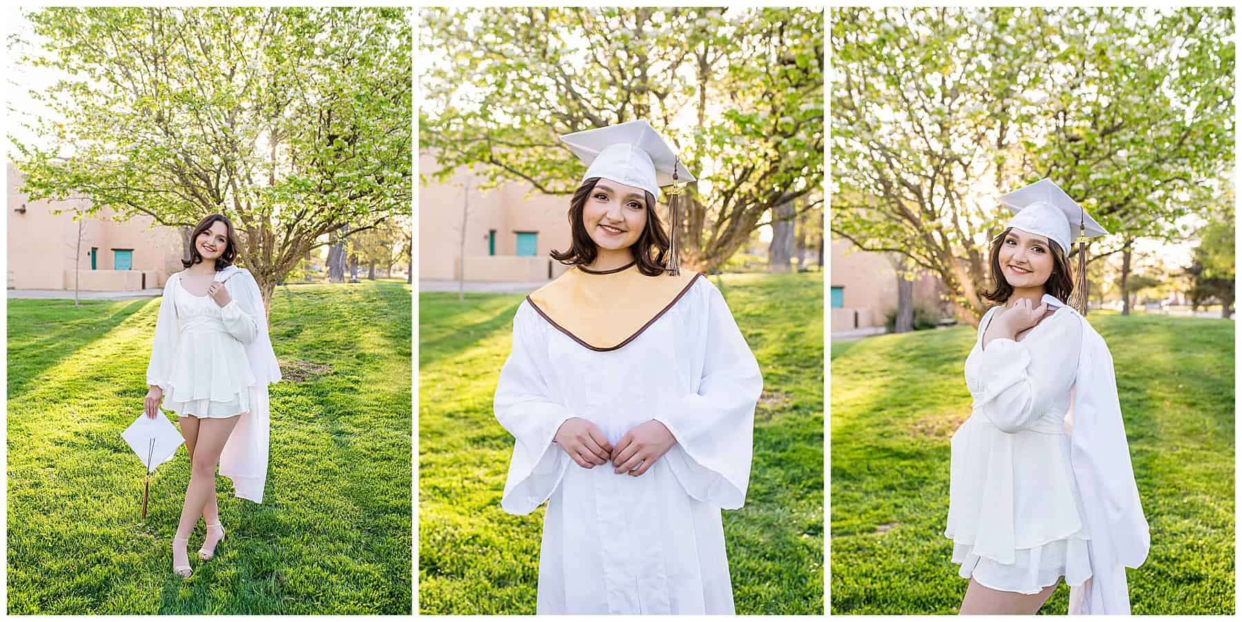 Albuquerque Senior girl in cap and gown smiling during New Mexico graduation photoshoot