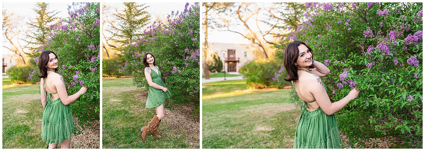 High school senior session with lilac bushes during senior session at UNM