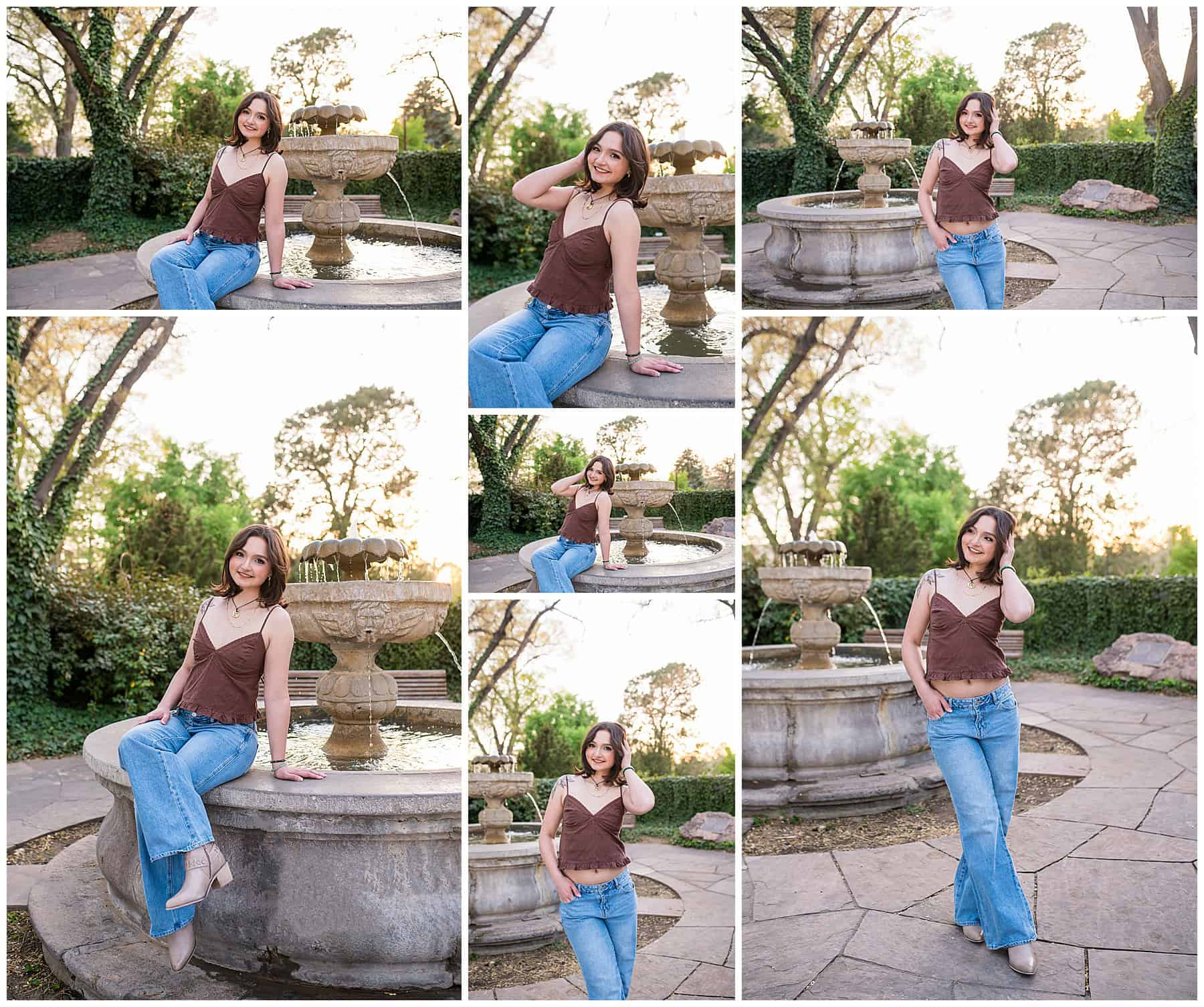 Natural light senior photography in New Mexico in front of a fountain