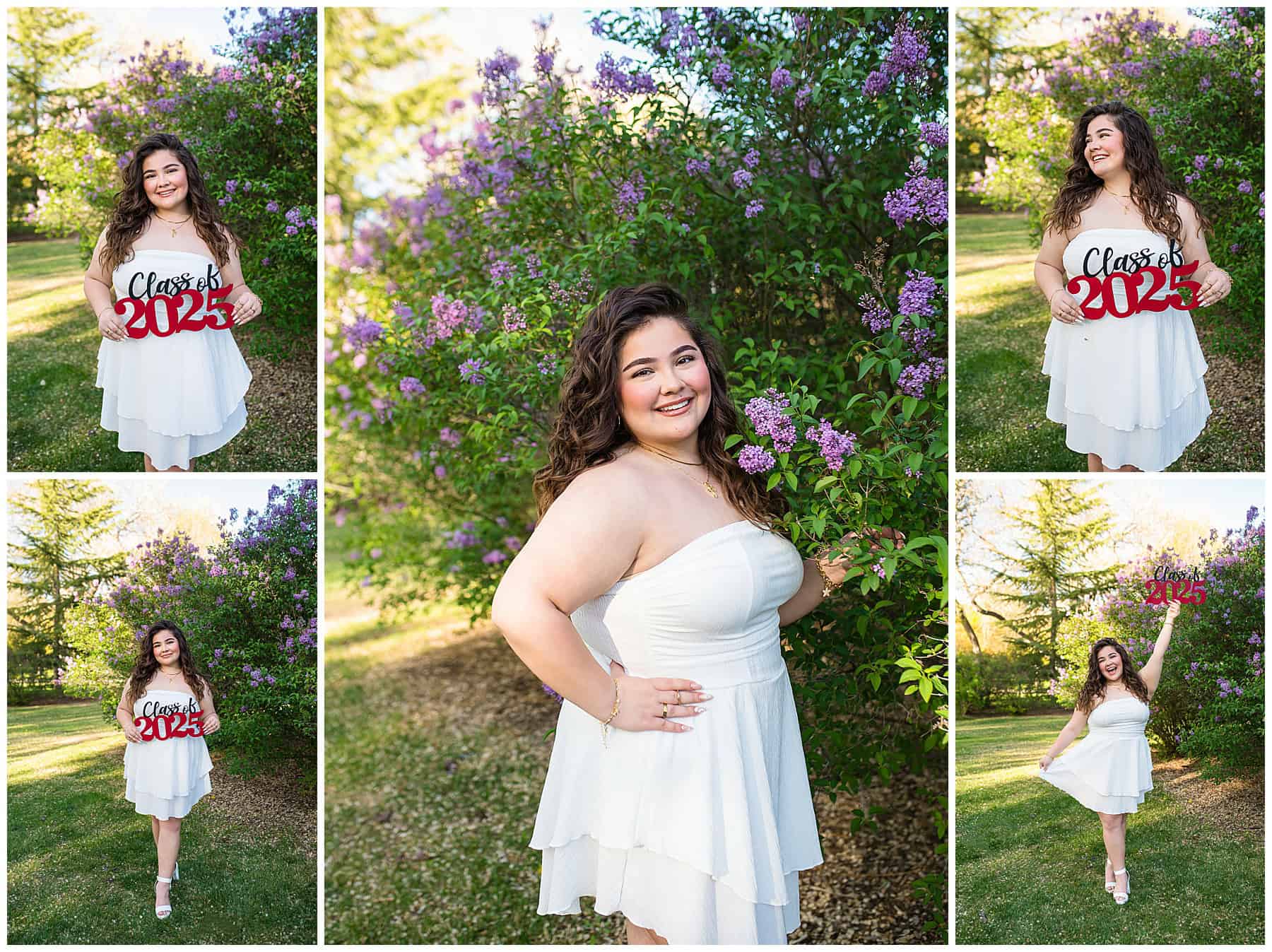 Estancia High School senior girl in a white dress and cap and gown posing for graduation photos at UNM in Albuquerque, New Mexico.