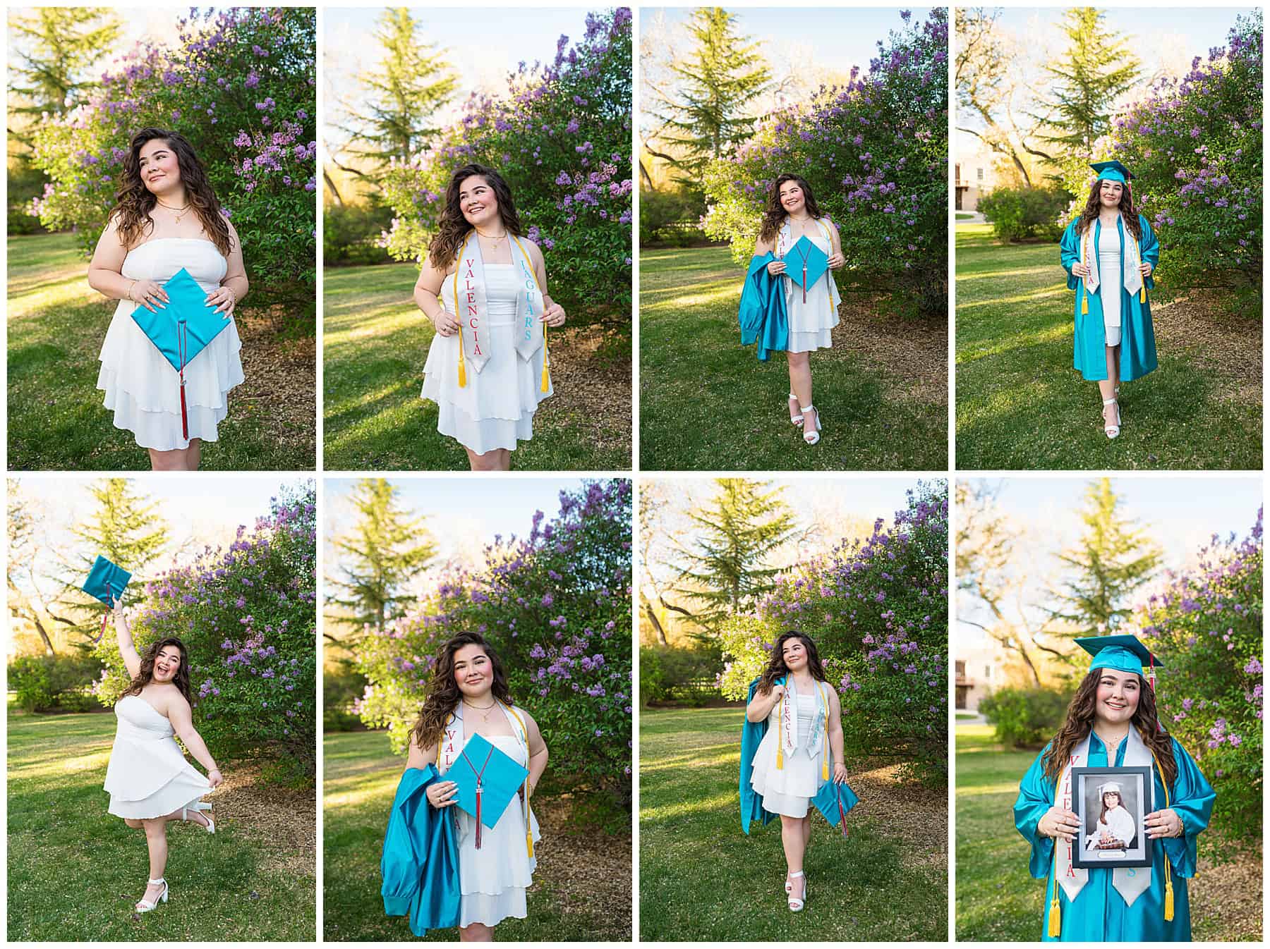 Beautiful Estancia High School graduate with natural black curly hair standing in front of blooming lilac bushes at UNM for senior portraits.