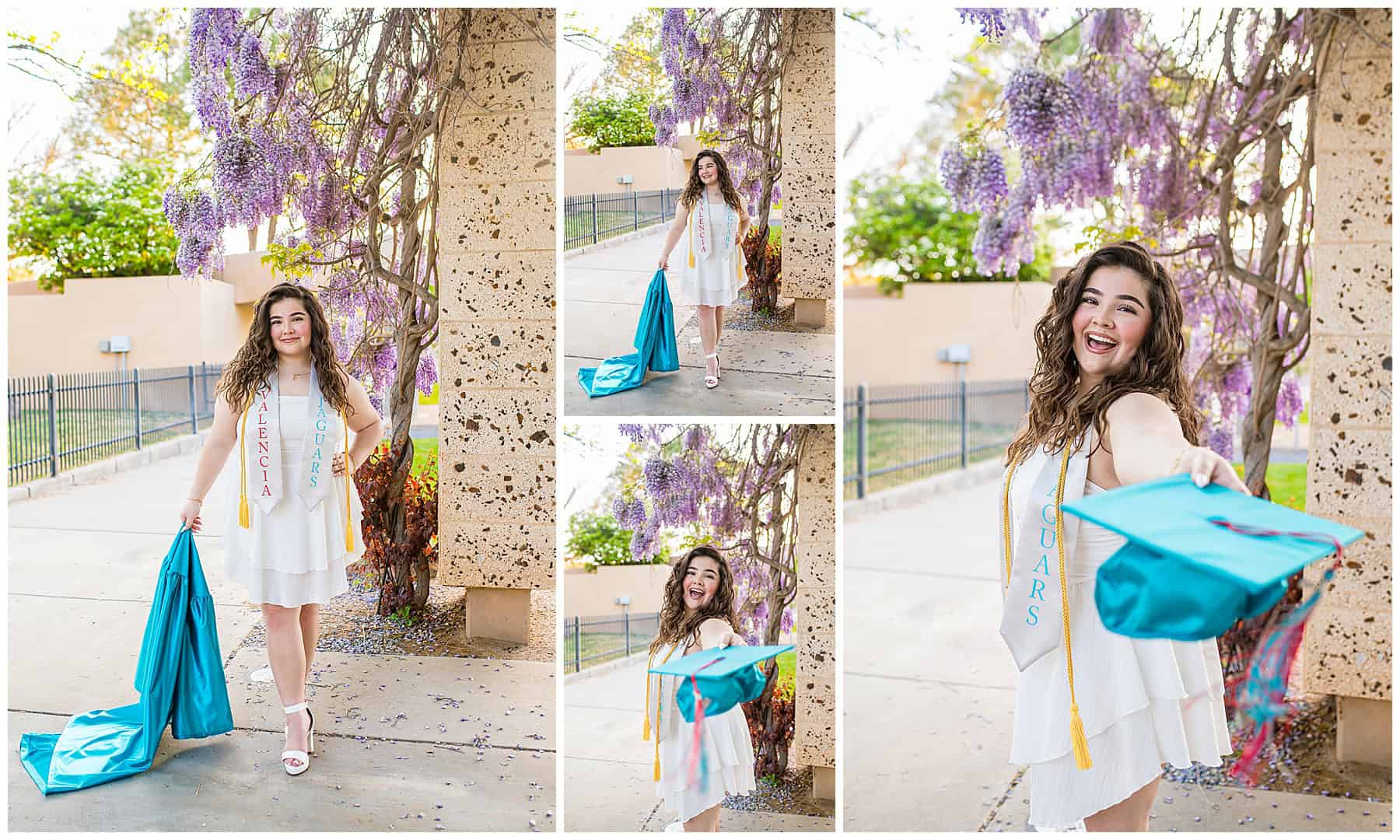 Albuquerque senior portraits of a high school girl in a white dress and graduation cap standing in front of colorful spring lilac blooms.