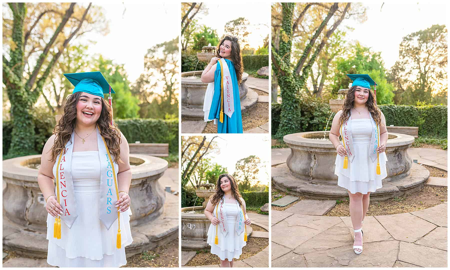 Vibrant and personality-filled senior photoshoot at UNM with Estancia High School graduate in white dress and curly hair by wisteria flowers.
