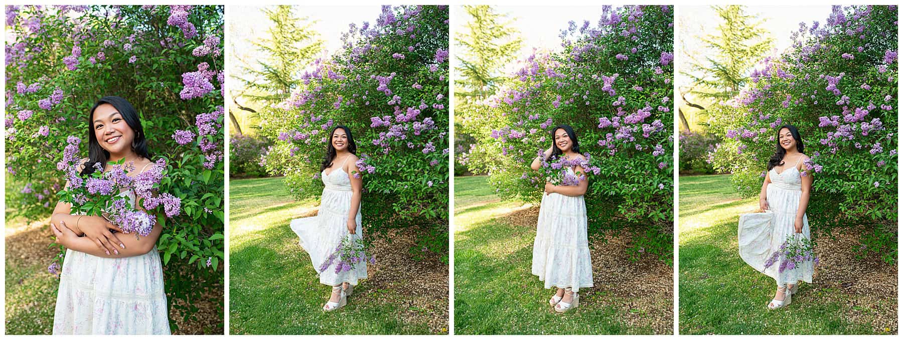 High school senior girl in a flowy dress posing at UNM surrounded by lilac bushes and vibrant spring greenery – senior portraits Albuquerque NM