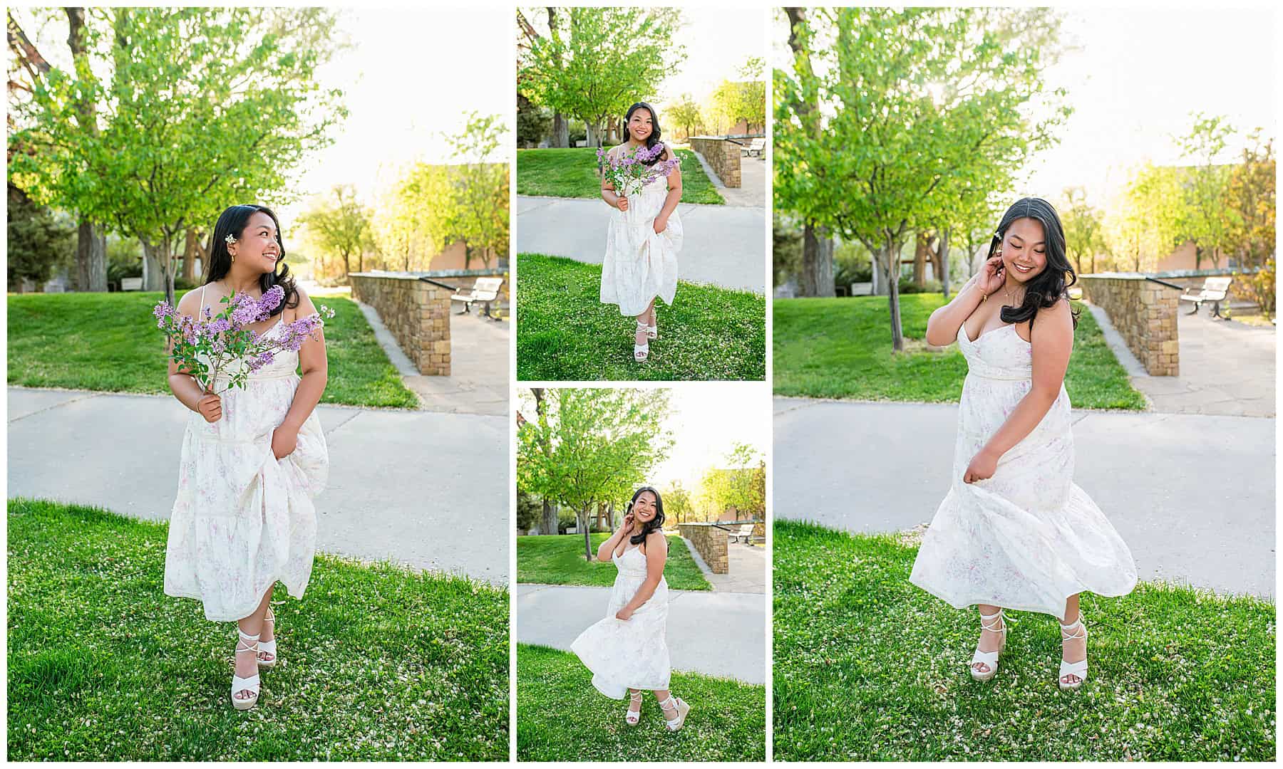 Flowy dress senior photoshoot at UNM with lush green background and floral accents – spring senior pictures New Mexico photographer