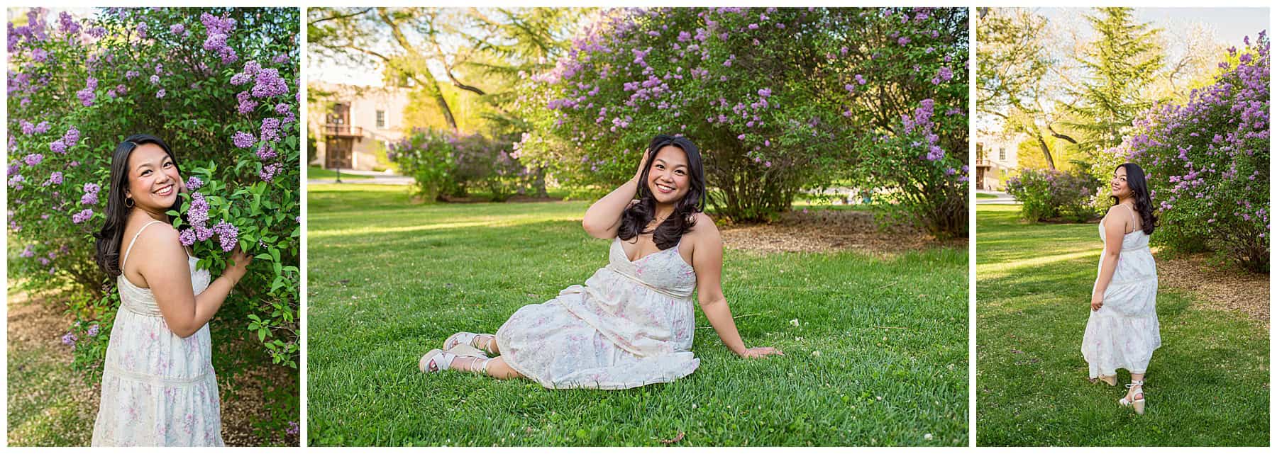 Senior portrait session in Albuquerque with greenery and blooming lilacs, featuring stylish flowy spring dress – UNM senior photos