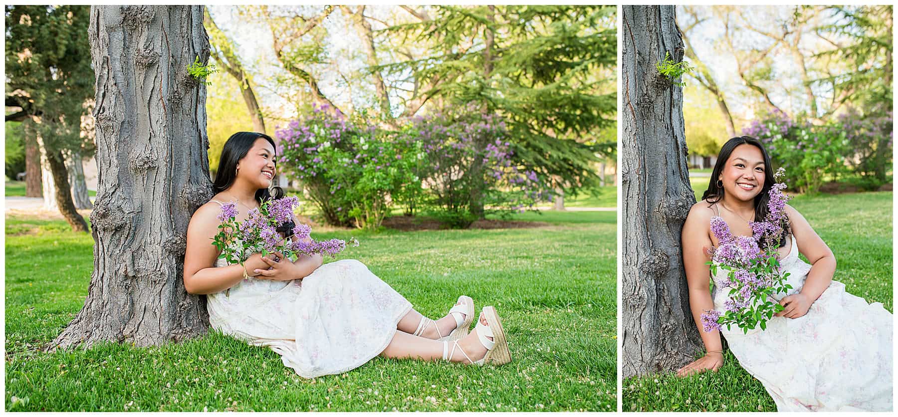 Spring senior photo at the University of New Mexico with natural light, colorful flowers, and soft flow posing – New Mexico senior photography