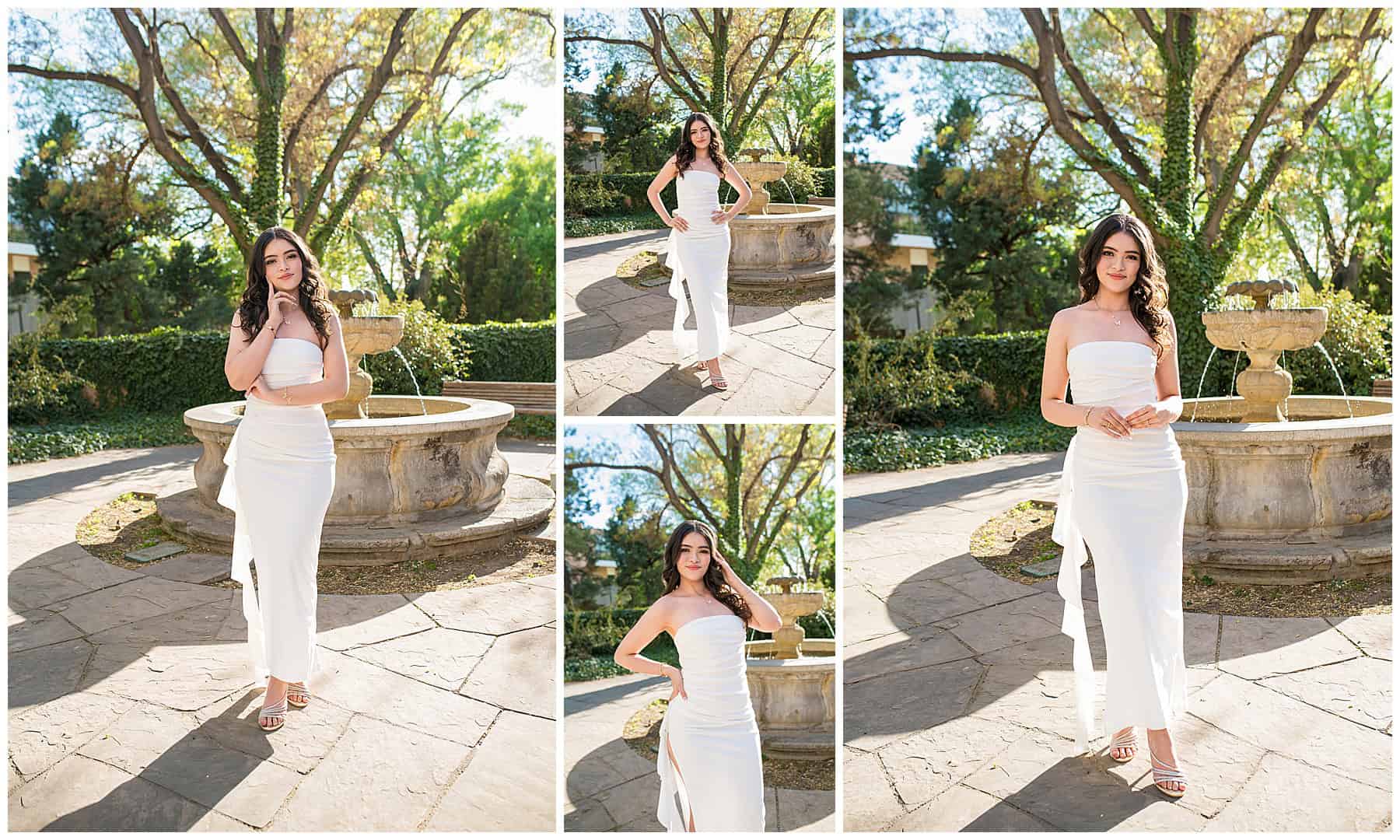 Senior girl in a white fitted dress with a glowing backlight and water fountain backdrop in Albuquerque, New Mexico.