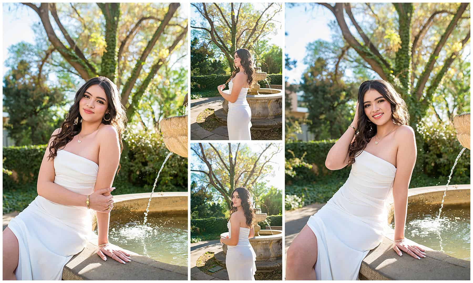 Graduating senior smiling in front of a fountain at sunset in a chic white dress during her senior photoshoot in Albuquerque, NM.
