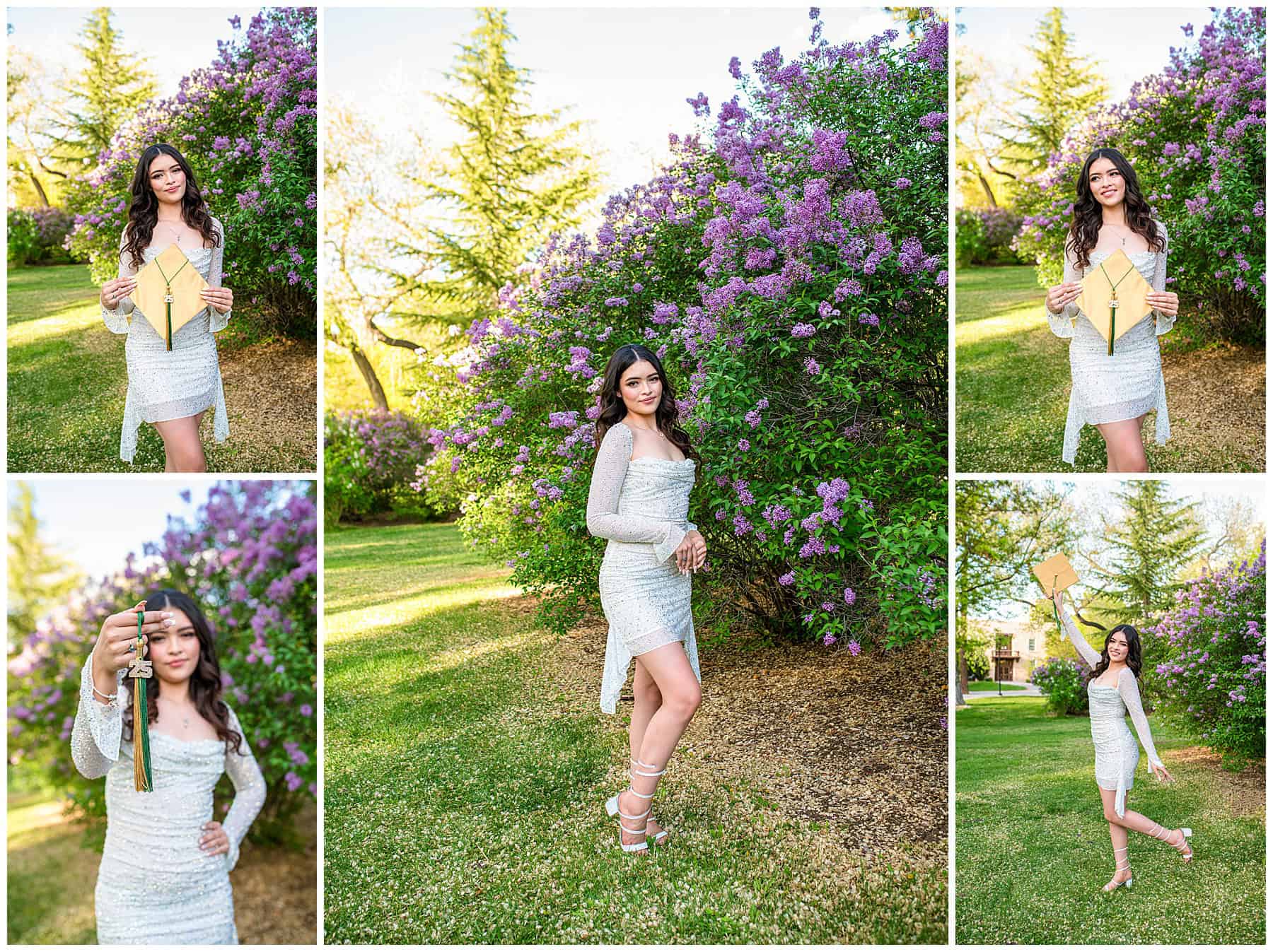 High school senior posing in a white beaded dress with a gold and green cap and gown, celebrating graduation from West Las Vegas High School.