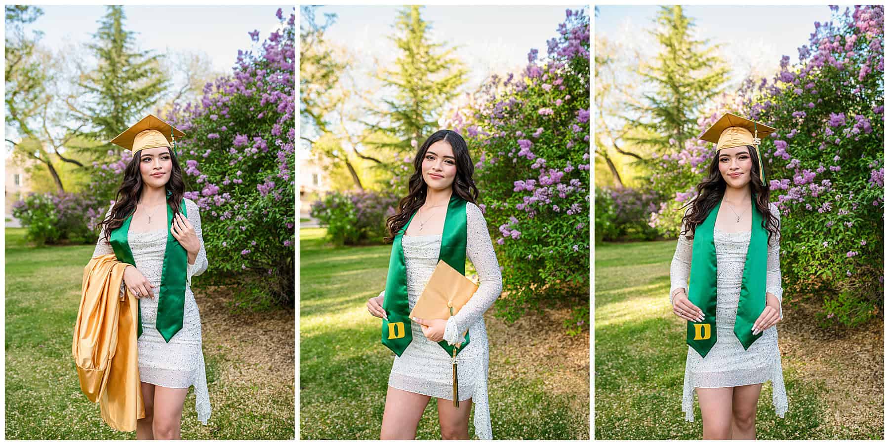 West Las Vegas High School senior wearing a gold and green graduation cap and gown for cap and gown photos in New Mexico.