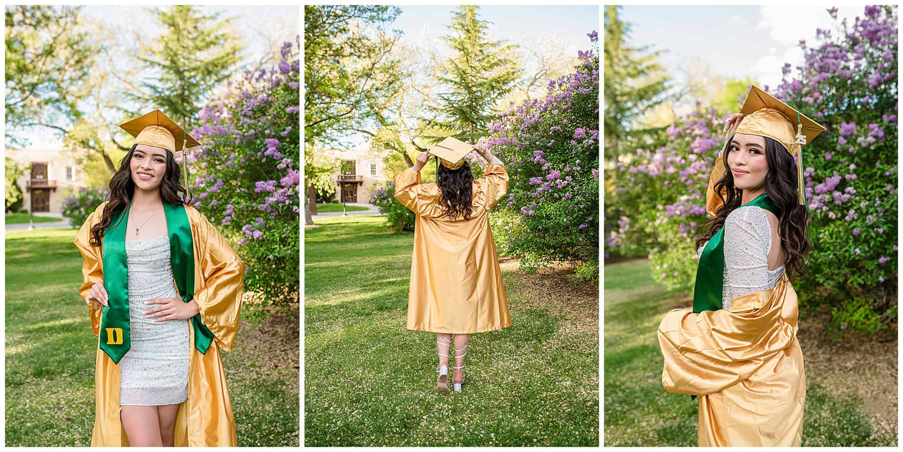 Graduating senior holding her green and gold cap and gown over her shoulder while wearing a sparkling white dress for her senior photos.