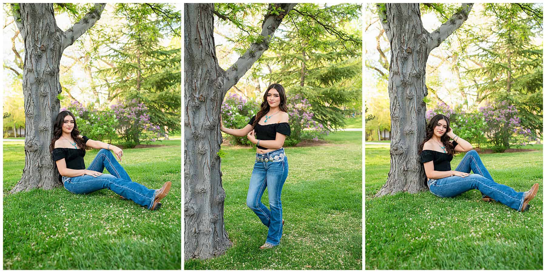 Outdoor senior portrait of a girl with lilac blooms, dressed in casual western wear with jeans and boots in Rio Rancho, NM.