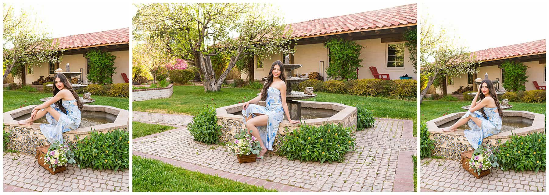 Senior girl in a blue dress posing by a beautiful water fountain at a private Albuquerque property during her senior photo session.