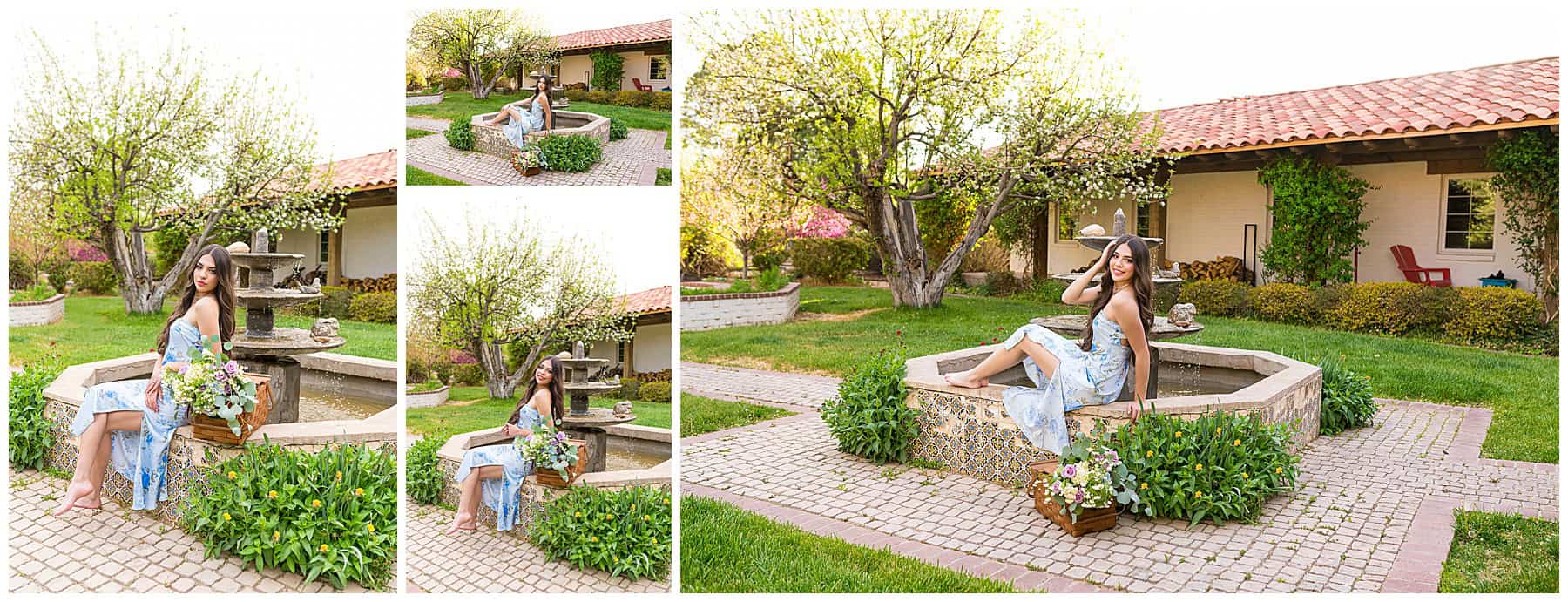 Albuquerque high school senior girl smiling in a blue dress with a water fountain in the background at a private estate senior photo session.