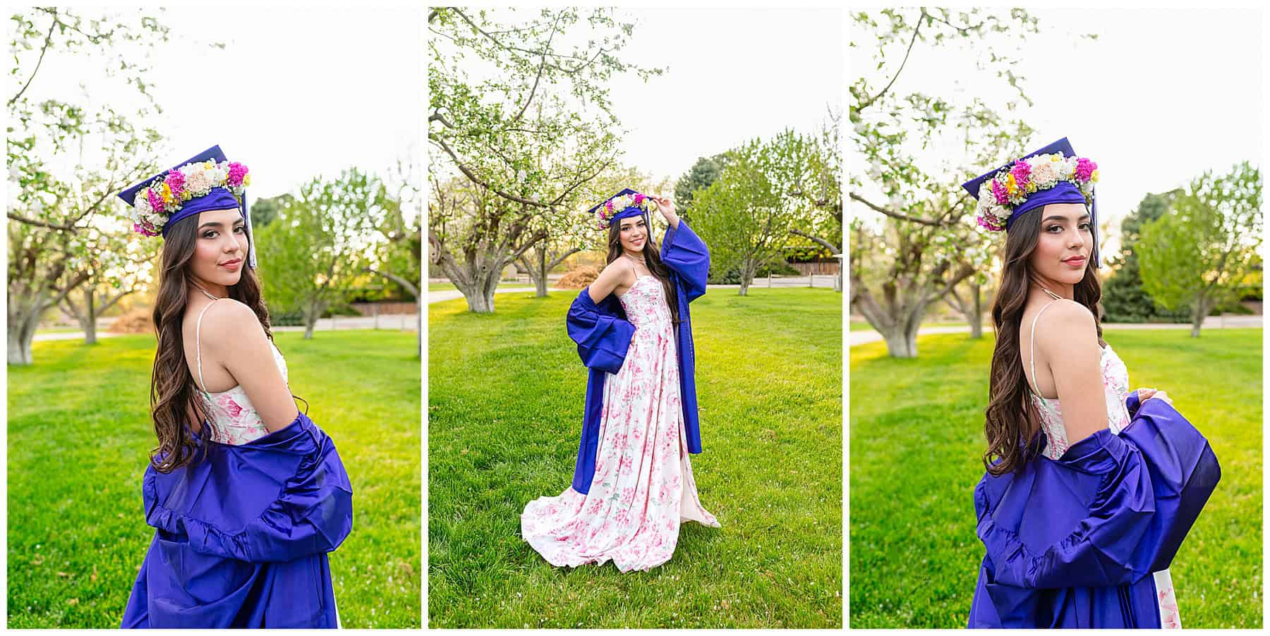 High school senior girl wearing her purple cap and gown for graduation portraits in Albuquerque, New Mexico.