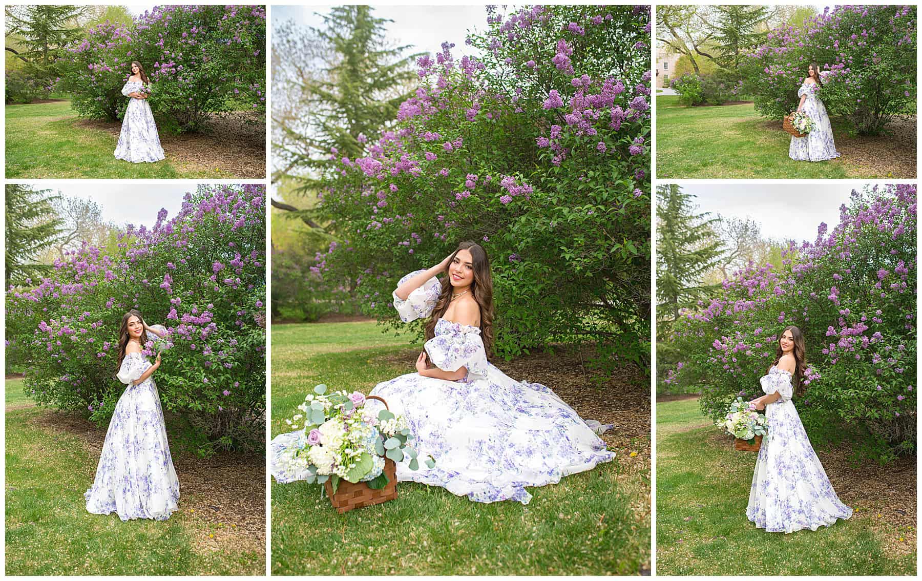 Senior girl in a flowy dress posing with a flower-filled picnic basket by lilac bushes during her spring senior portraits in Albuquerque.