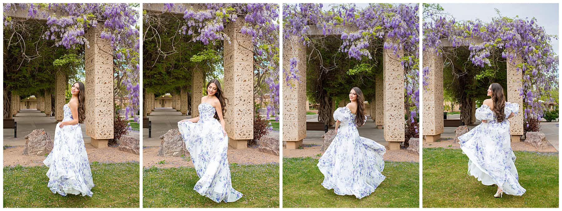 Senior girl in a floral flowy dress with a picnic basket surrounded by wisteria blooms at her Albuquerque senior photo session.