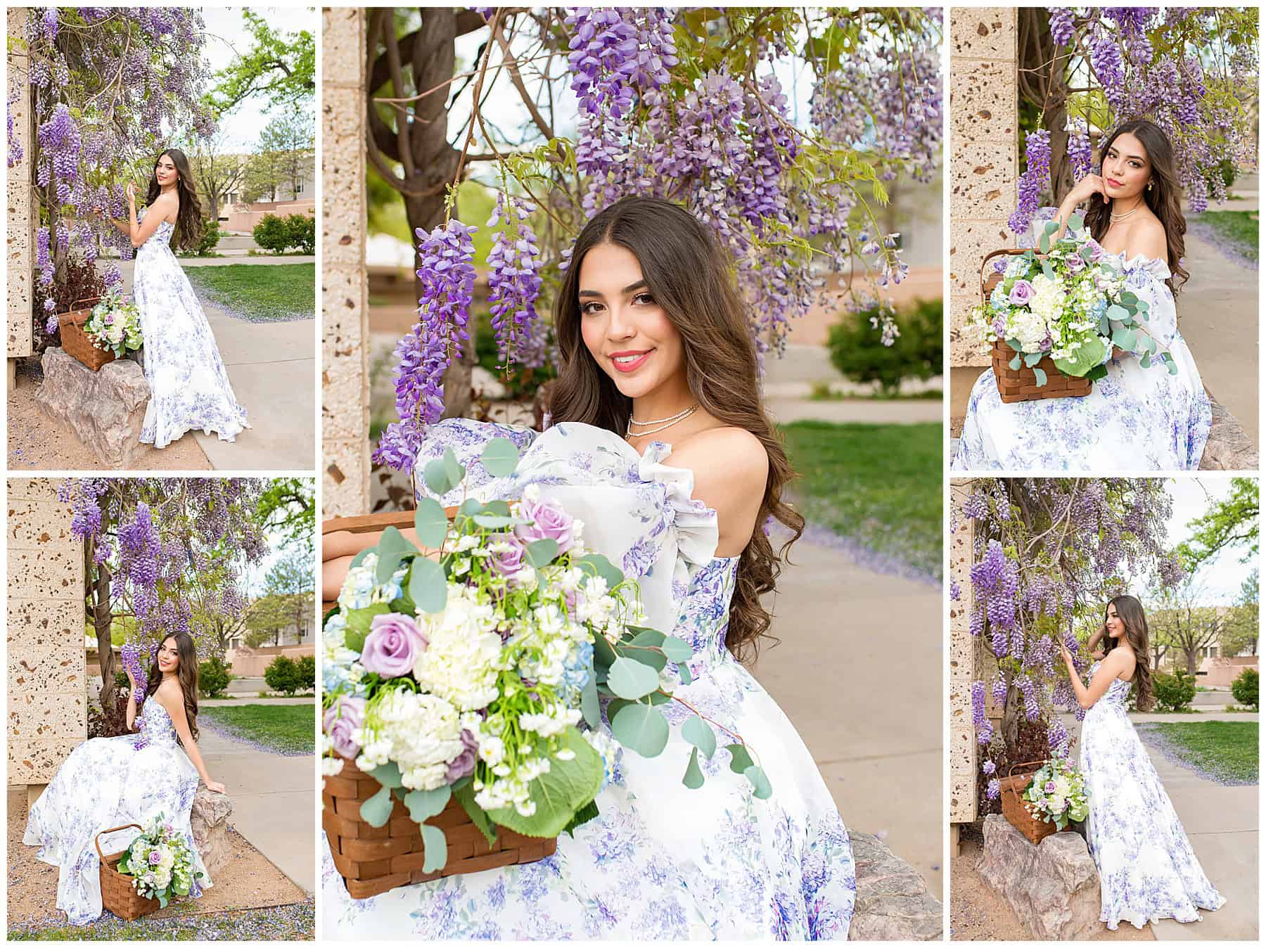 High school senior girl posing with a picnic basket and wisteria vines while wearing a flowy floral dress during her Albuquerque senior pictures.