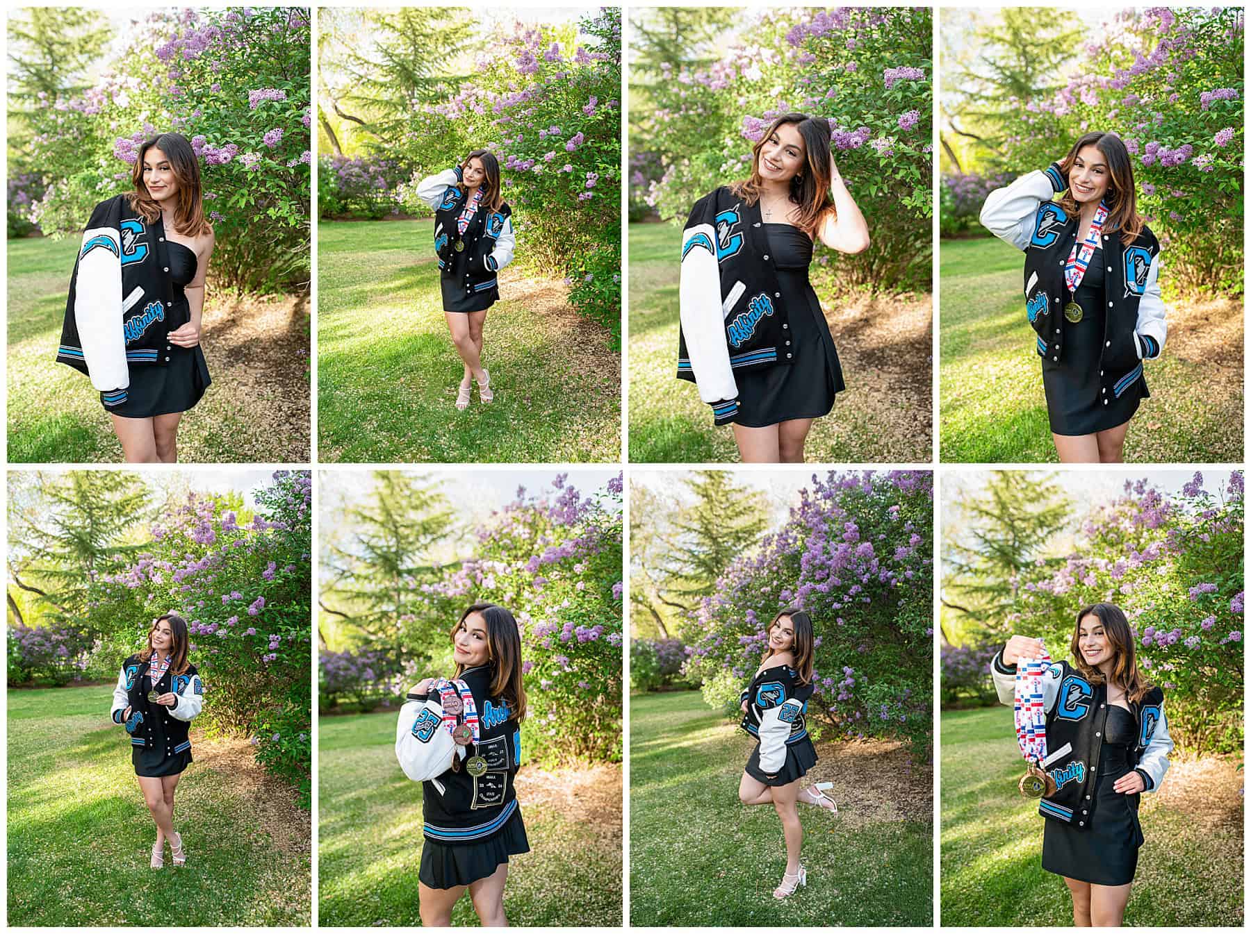 Senior girl in a black dress and letterman jacket posing for her Albuquerque high school senior pictures, showing school pride.