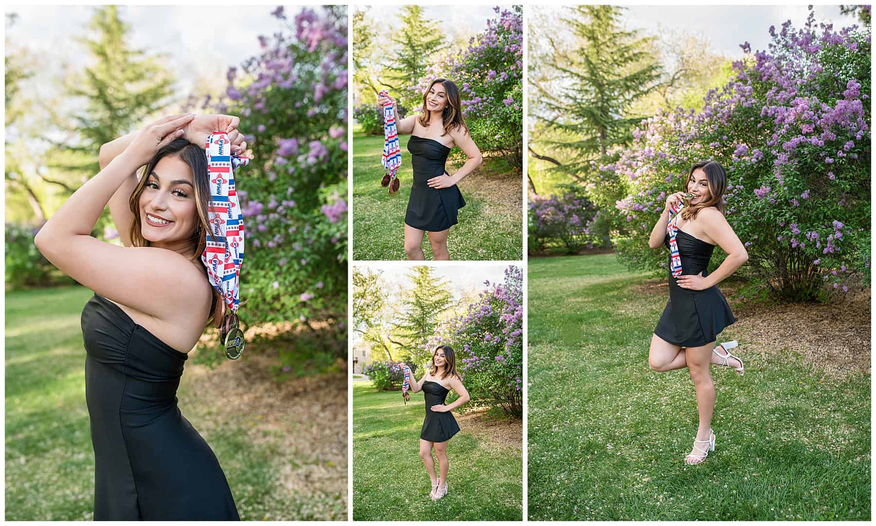 High school senior girl in a black dress displaying her powerlifting medals from Cleveland High School during a senior photography session in Albuquerque.