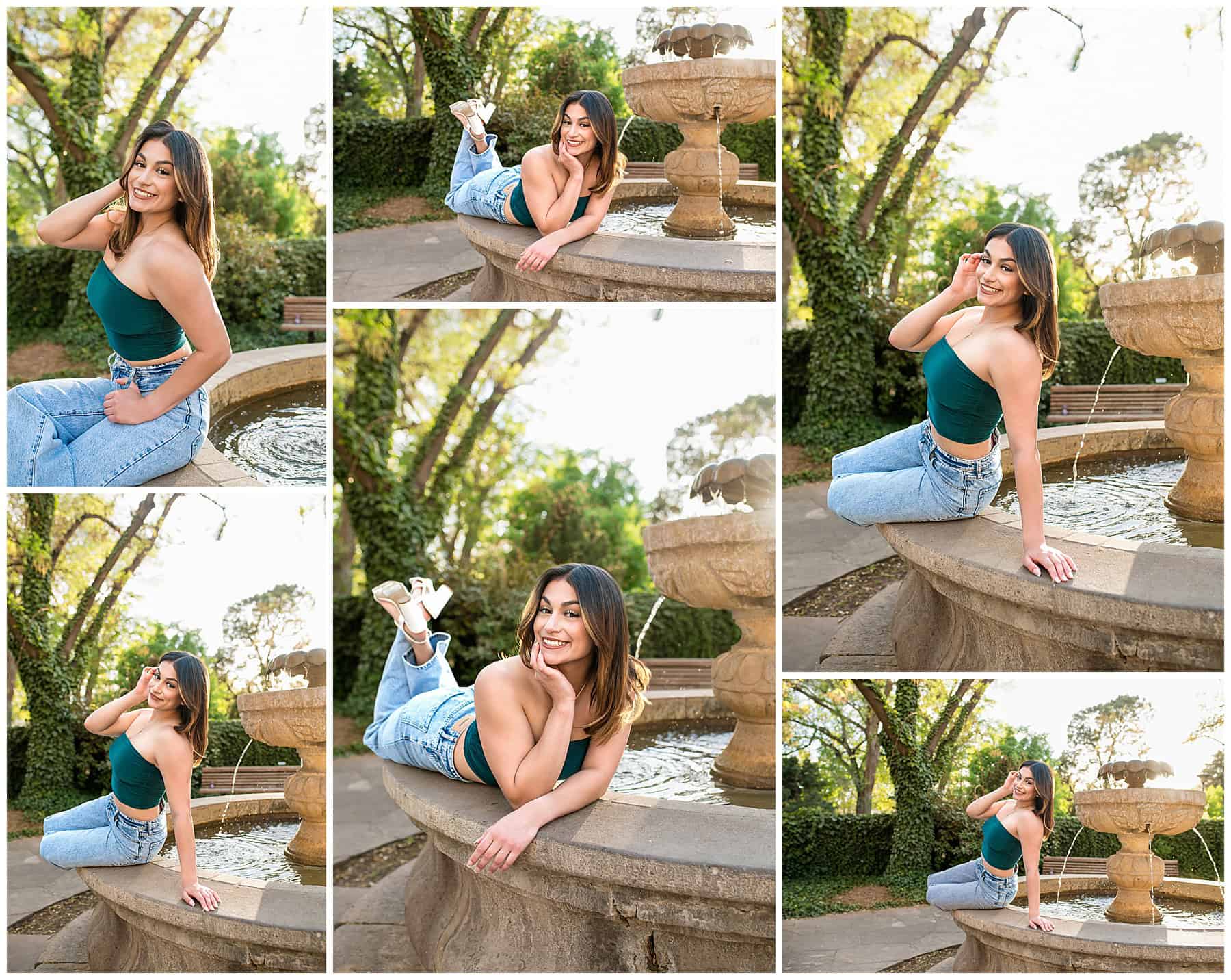 Senior girl wearing a green top and jeans by a water fountain surrounded by ivy and greenery during a golden hour photo session in Albuquerque.