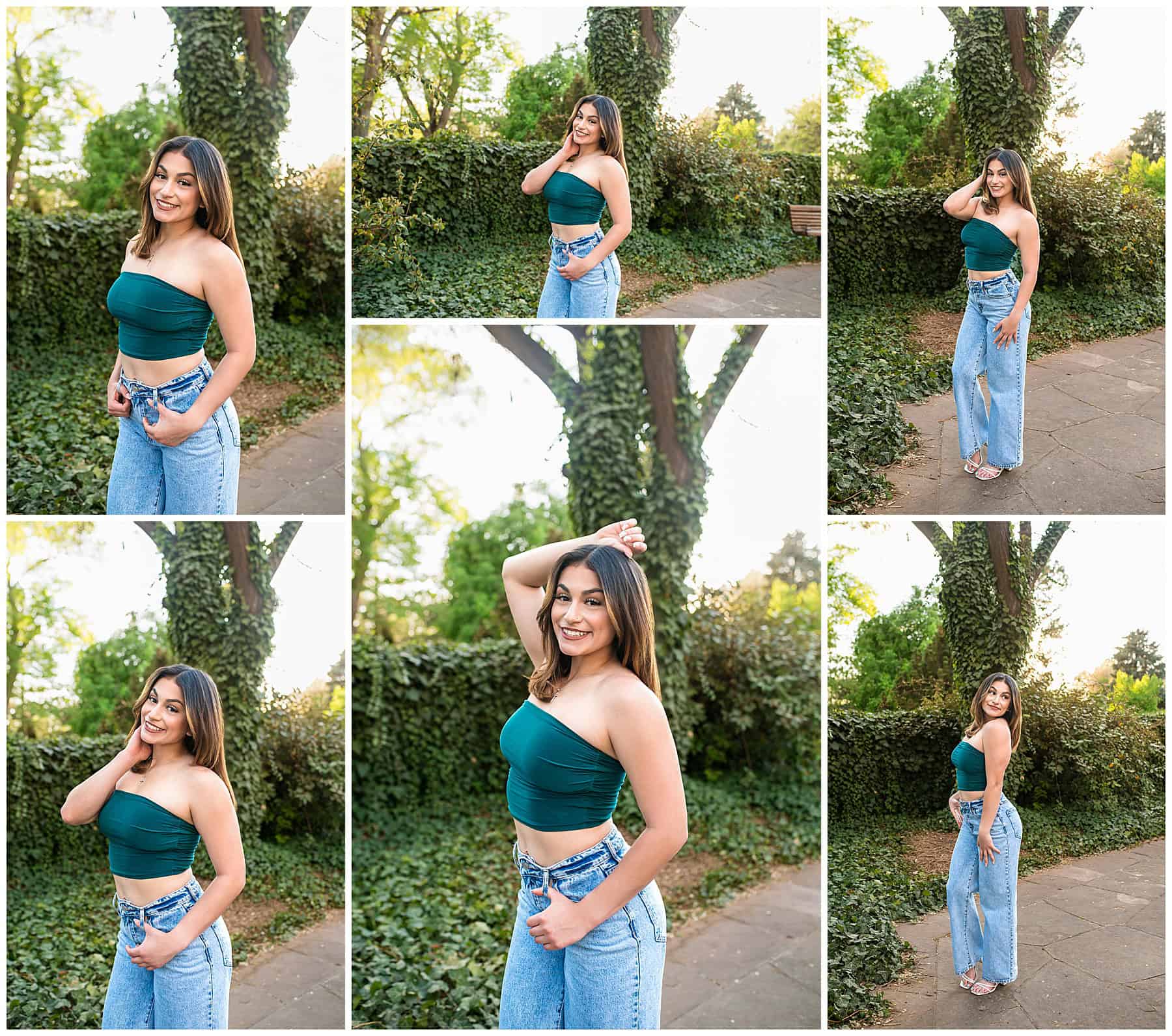 Smiling high school senior girl in a green top and jeans with pretty backlighting, greenery, and trees during an Albuquerque senior photo shoot.