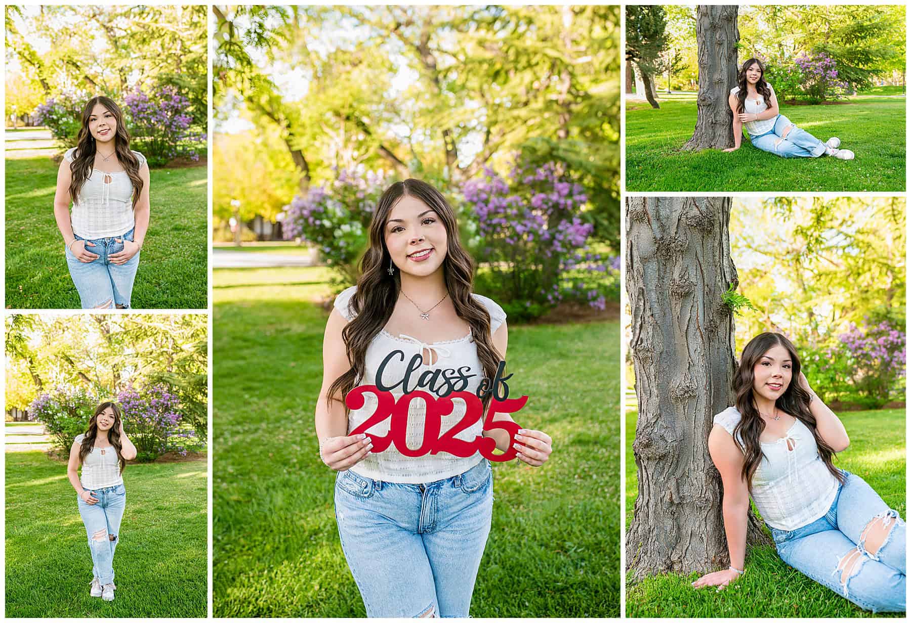 Senior girl in a white top and jeans holding a “2025” sign surrounded by greenery in Albuquerque.