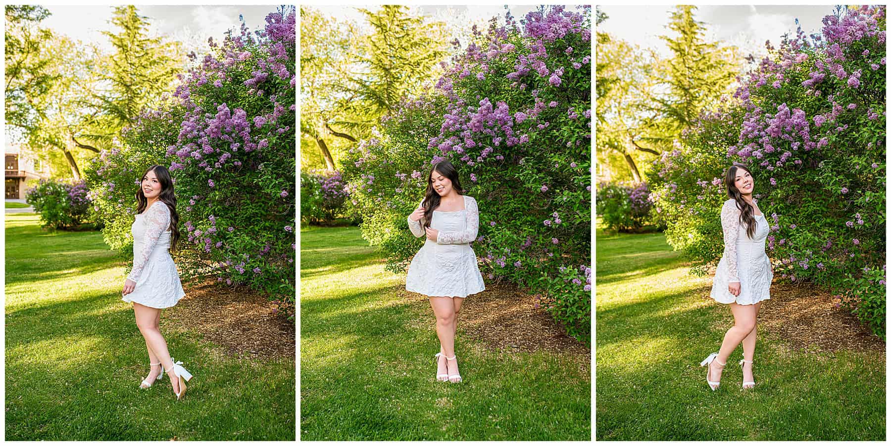 Smiling senior girl in a white dress standing in front of blooming lilac bushes at the University of New Mexico.