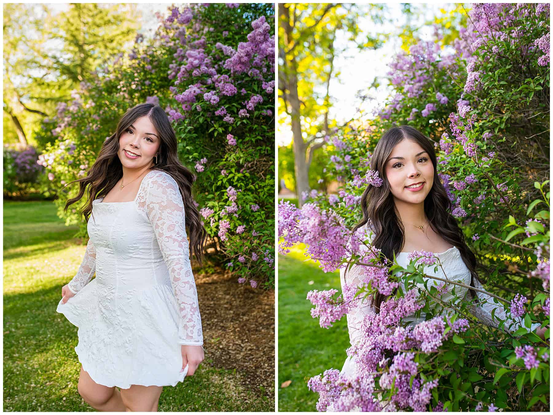 Class of 2025 Santa Fe senior in a white dress sitting near lilac bushes at UNM.