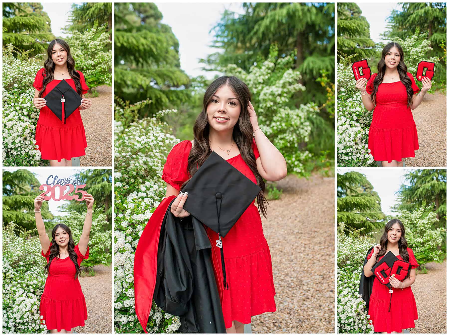Class of 2025 graduate in a red dress and cap and gown standing in front of a white flowering bush at UNM.